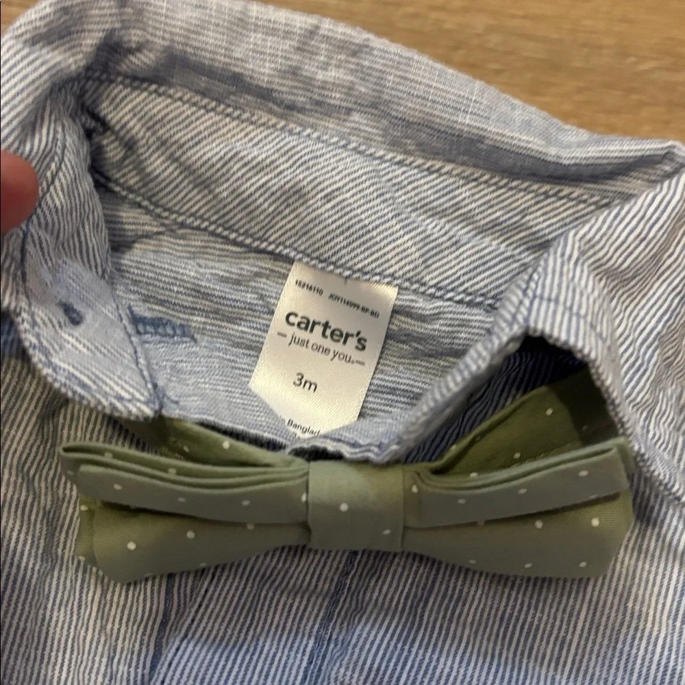 Carter's 3 piece set Striped Shirt with Olive Bow Tie and navy suspender pants